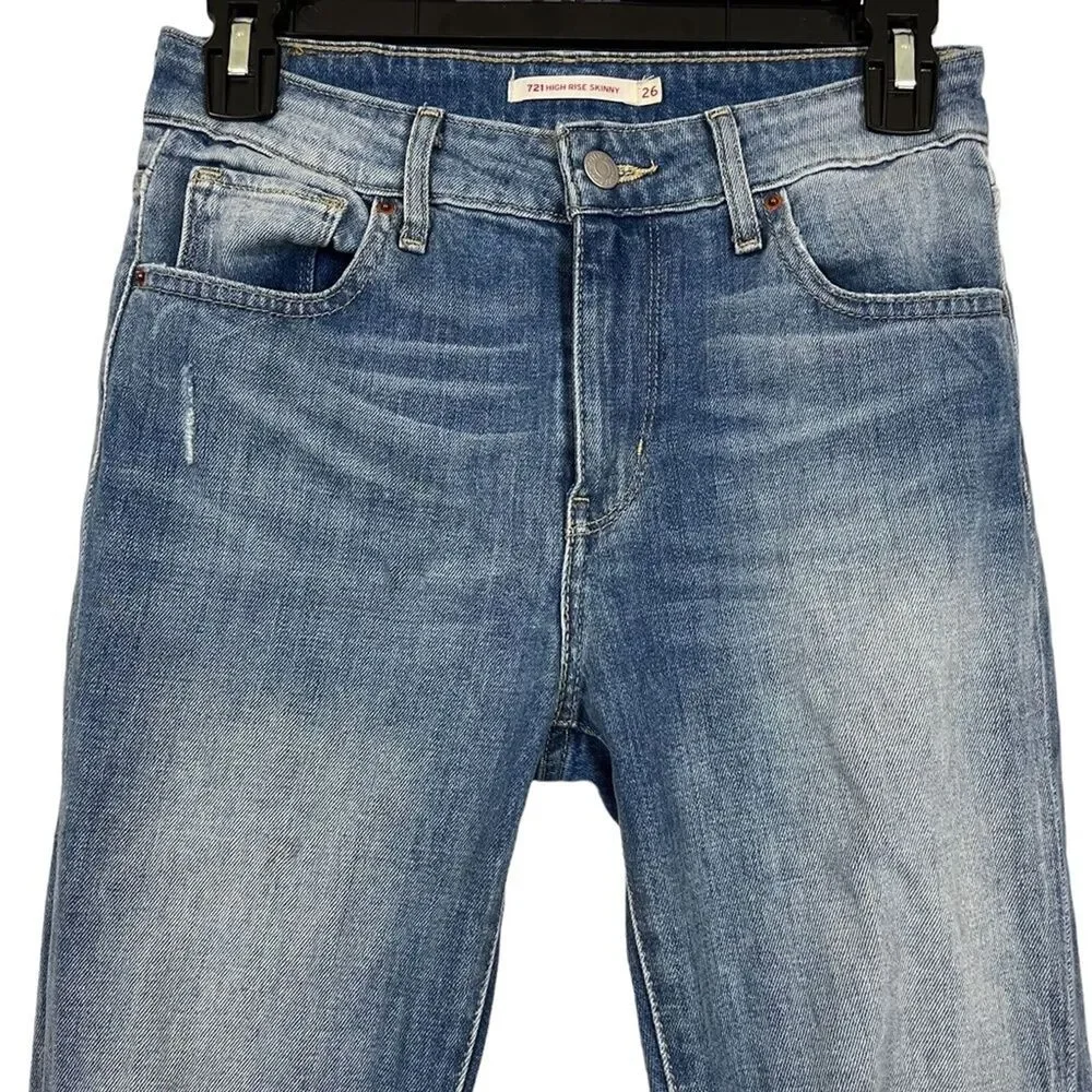 LEVI'S 721 HIGH RISE SKINNY Medium Blue Wash Distressed Red Tab Jeans sz 26 x 32
